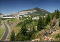 Bellevue sits above Hwy 3 in this view with the Frank Slide and Crowsnest Mtn. behind