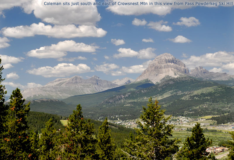 Coleman sits just south and east of Crowsnest Mtn in this view from Pass Powderkeg Ski Hill