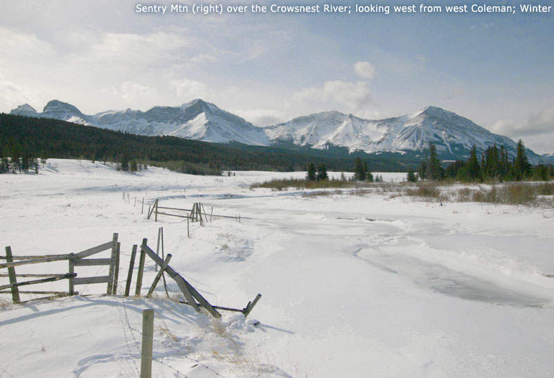 Sentry Mtn (right) over the Crowsnest River; looking west from west Coleman; Winter