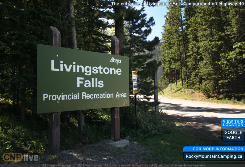 The entrance to Livingstone Falls Campground off Highway 40